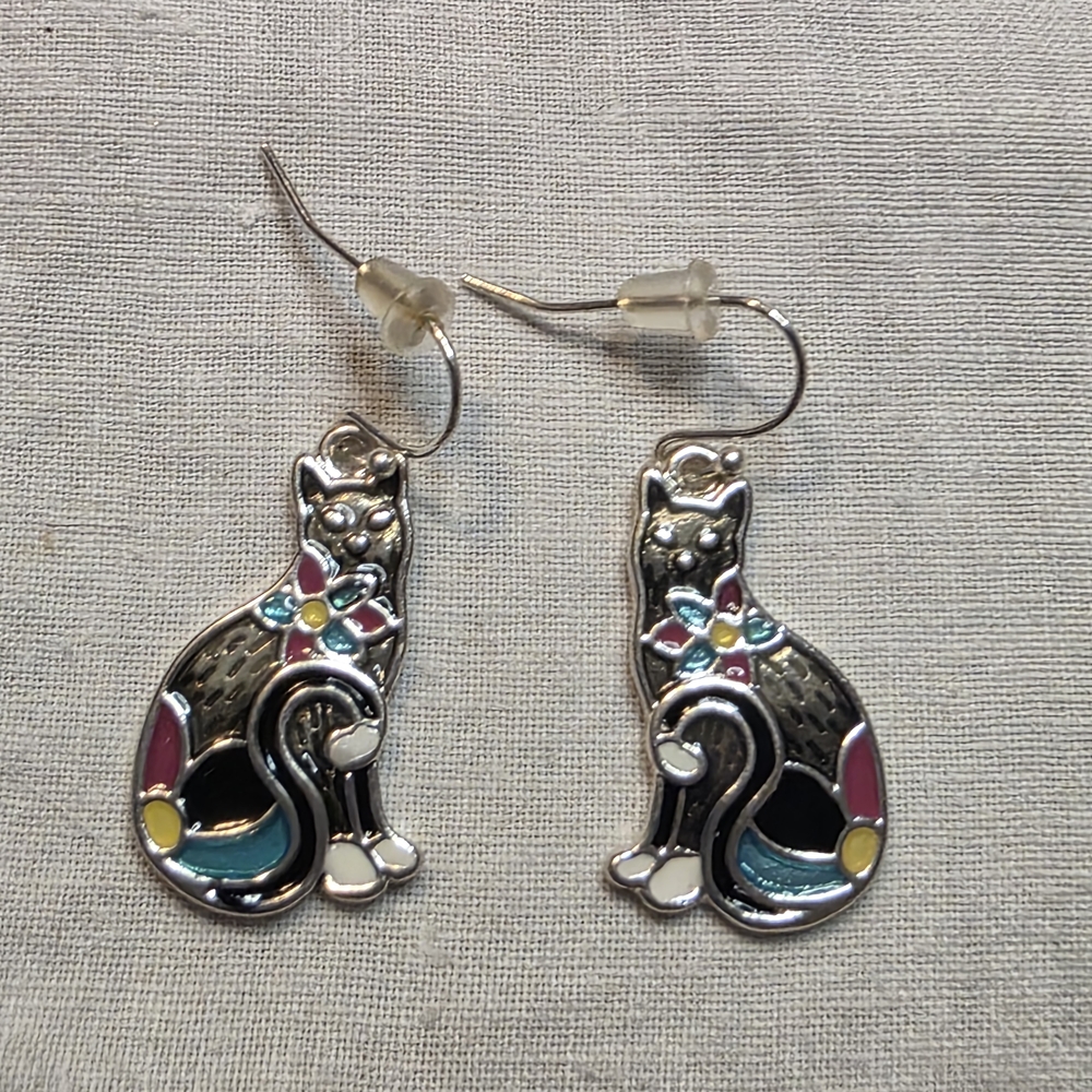 Colorful Cat Fish Hook Earrings In Silvertone With Enamel Colors